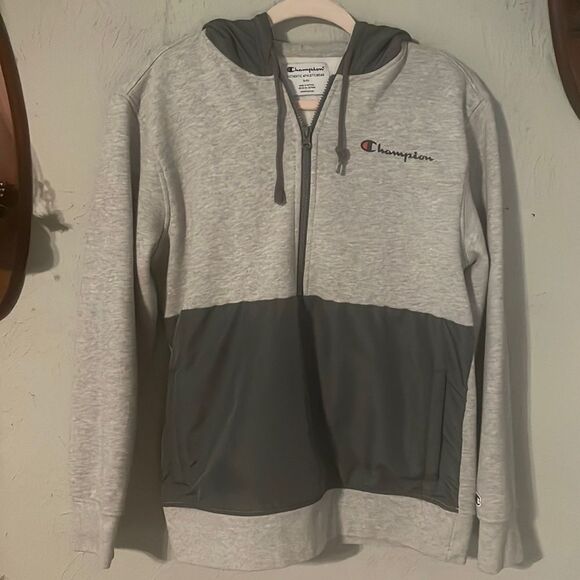 NWOT Small Champion two tone gray 1/4 zip long sleeve pockets hooded sweater top - Picture 1 of 14